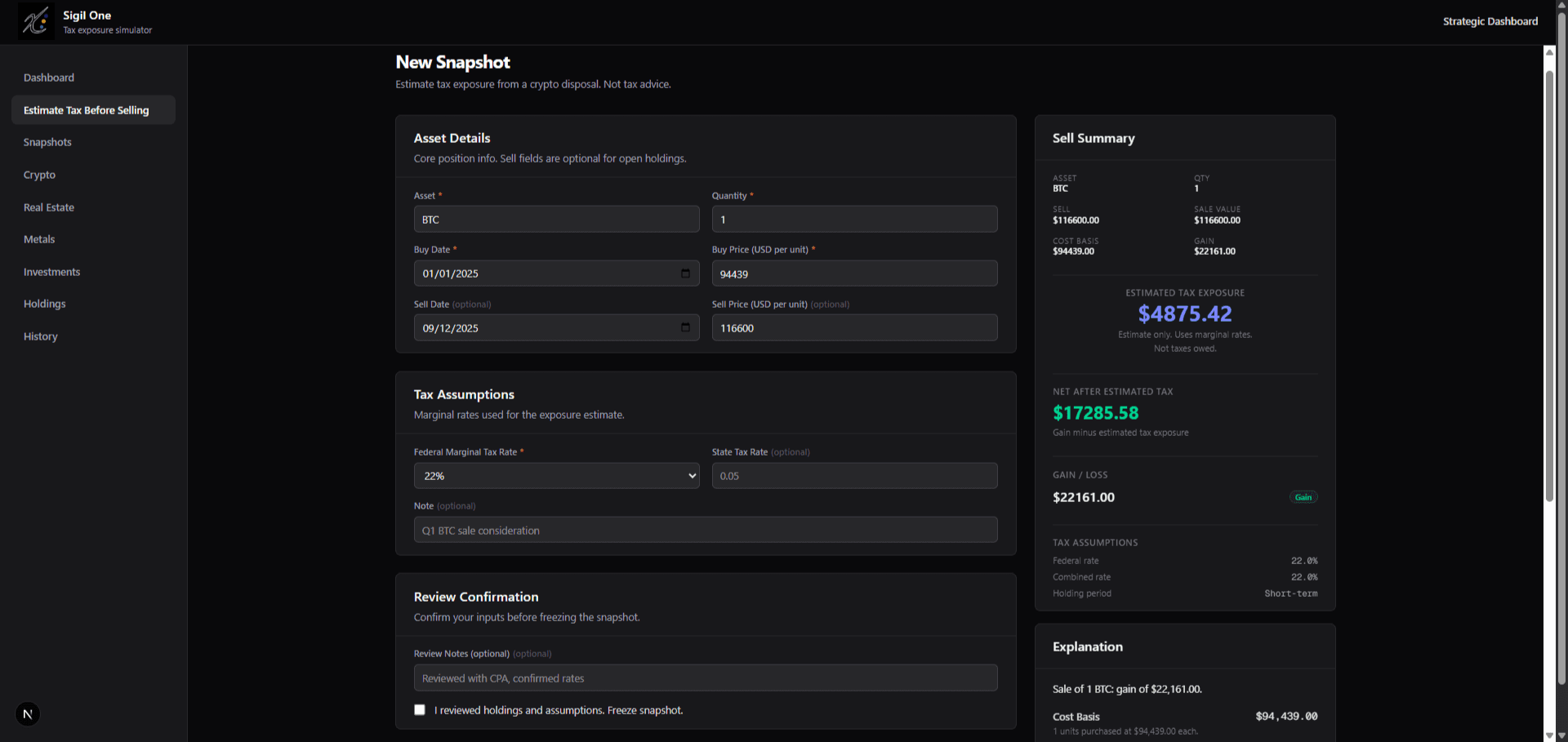 Sigil One tax exposure modeling