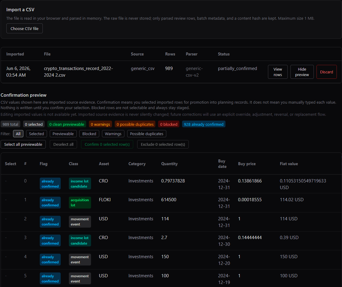 Sigil One staged CSV imports: in-browser parsing, source-evidence rows, and confirmation preview