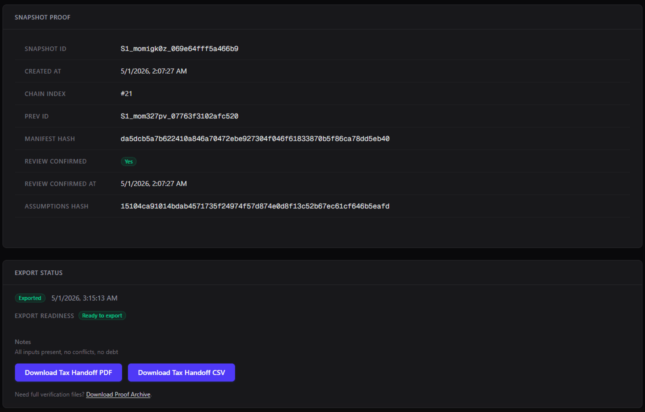 Sigil One export status showing Tax Handoff PDF, Tax Handoff CSV, and Proof Archive downloads