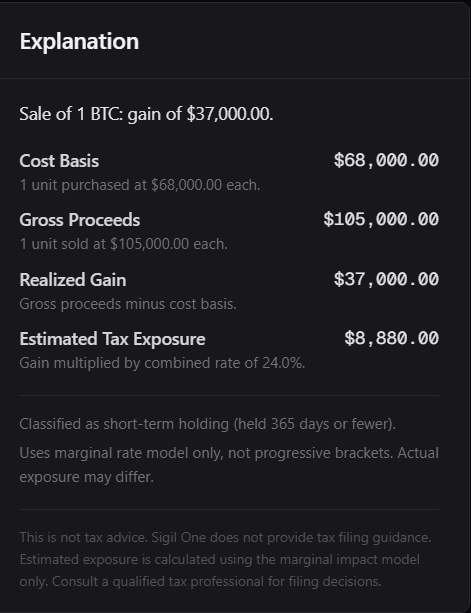 Sigil One tax estimate explanation