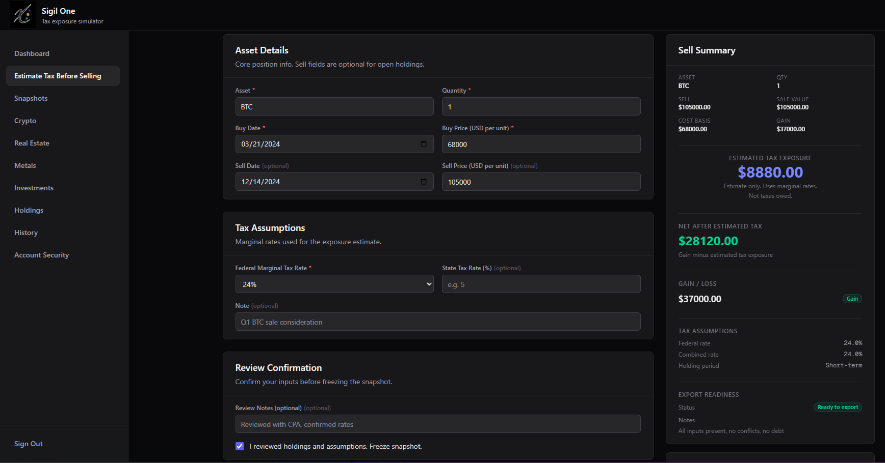 Sigil One tax estimate form